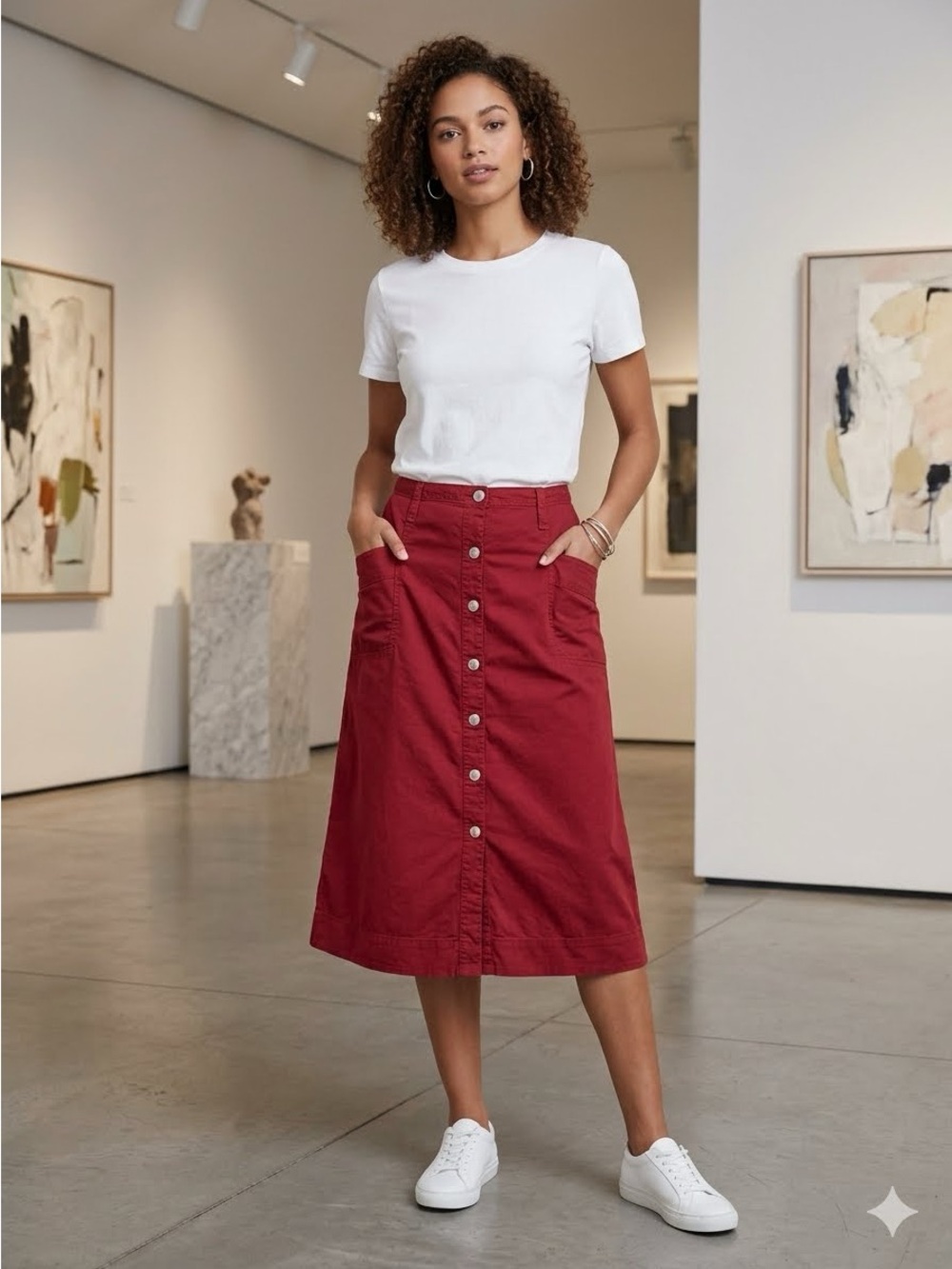 Vibrant Red Linen-Cotten Button Front Midi Skirt | Coastal Cottagecore Pockets 6
